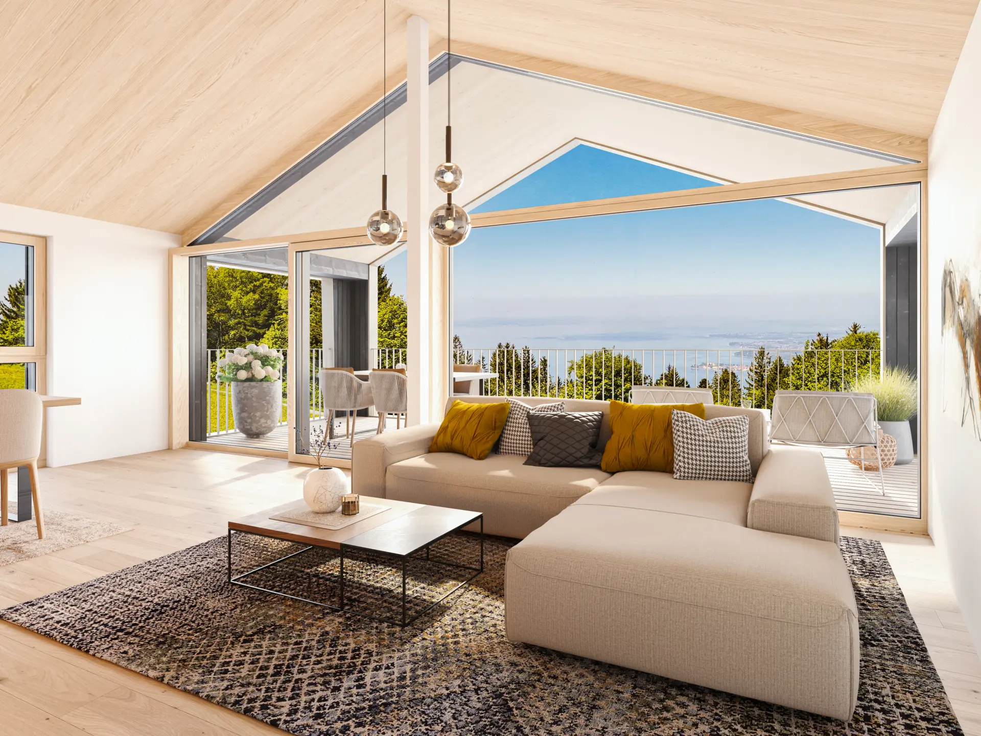 Wohnzimmer eines SEEnsucht BERGchalets mit bodentiefen Fenstern